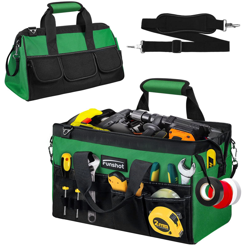 16 Inch Heavy Duty Tool Bag, Compact Tool Organizer with 17 Pockets, Wide Mouth Tool Tote with Adjustable Shoulder Strap, Portable Work Bag for Electricians, Mechanics, Contractors, DIY & Home Repair Green 15.6"L x 8.3"W x 9.5"H