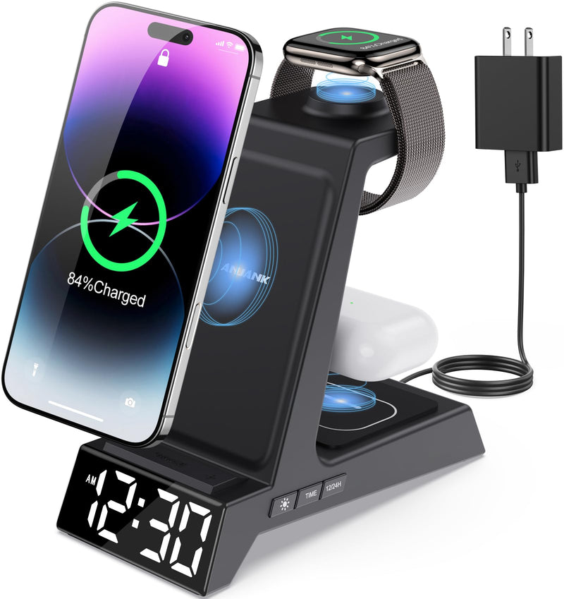 ANJANK 4 in 1 Wireless Charging Station Alarm Clock, Charging Dock for Apple Devices, Charger Stand for iPhone 17 Air 16 15 14 13 12 Series for Apple Watch 11 10 9 8 7 6 5 UItra/SE & AirPods, Dimmable Black
