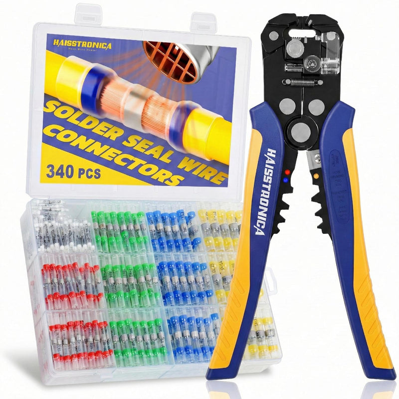 haisstronica 340PCS Solder Seal Wire Connectors Kit with 10-24 AWG Self-Adjusting Automatic Wire Stripper Tool, Waterproof Heat Shrink Butt Terminals for Car, Marine, Trailer, DIY Wiring Projects