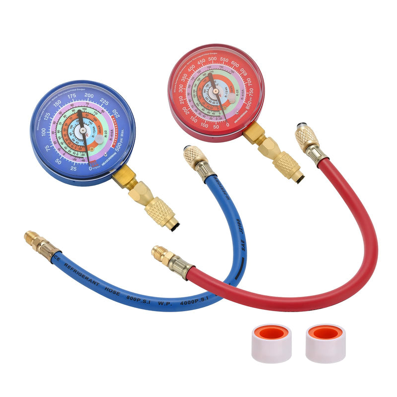MEASUREMAN AC Manifold Gauge Set, 2-Way HVAC Diagnostic Tool for R410A, R22, R404A, R134a Refrigerants with Hoses, 3-1/8" Gauges, Class 1.6 Accuracy 30 inHg-500 PSI + 0-800 PSI