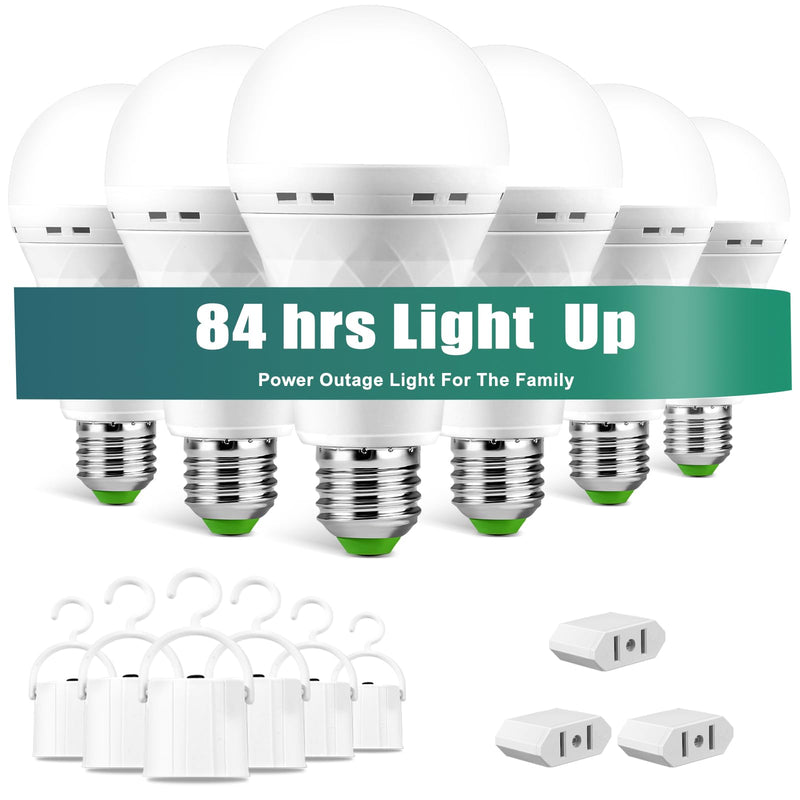 Emergency-Rechargeable Light Bulb with Hook,Stay Lights Up When Power Failure, 1500mAh 12W 60W Equivalent LED Light Bulbs for Home, Camping, Hiking(E27, with Hook,with Plug Cap) 6 Pack ZS6P