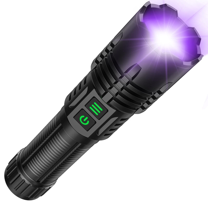 AdamStar UV&High Lumens Flashlight Rechargeable, 2-in-1 Powerful Blacklight LED Flashlight Tactical 6 Modes Super Bright Waterproof Zoomable Detector for Pet Urine Curing Resin Camping 1 Pack