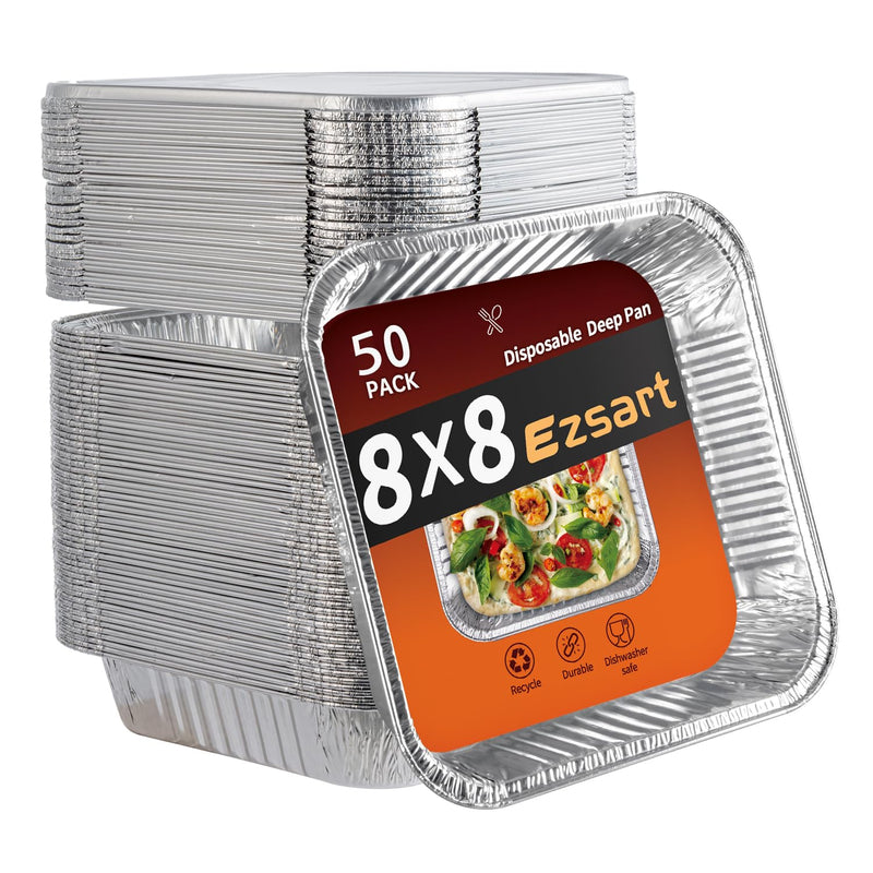 50 Pack 8x8 Aluminum Pans with Lids, 8x8 Foil Baking Pans with Lids | Heavy-Duty Aluminum Foil Pans with lids, Disposable Food Containers for Cake Baking, Cooking, Heating, Storing& Meal Prepping 50 Pack with Lids