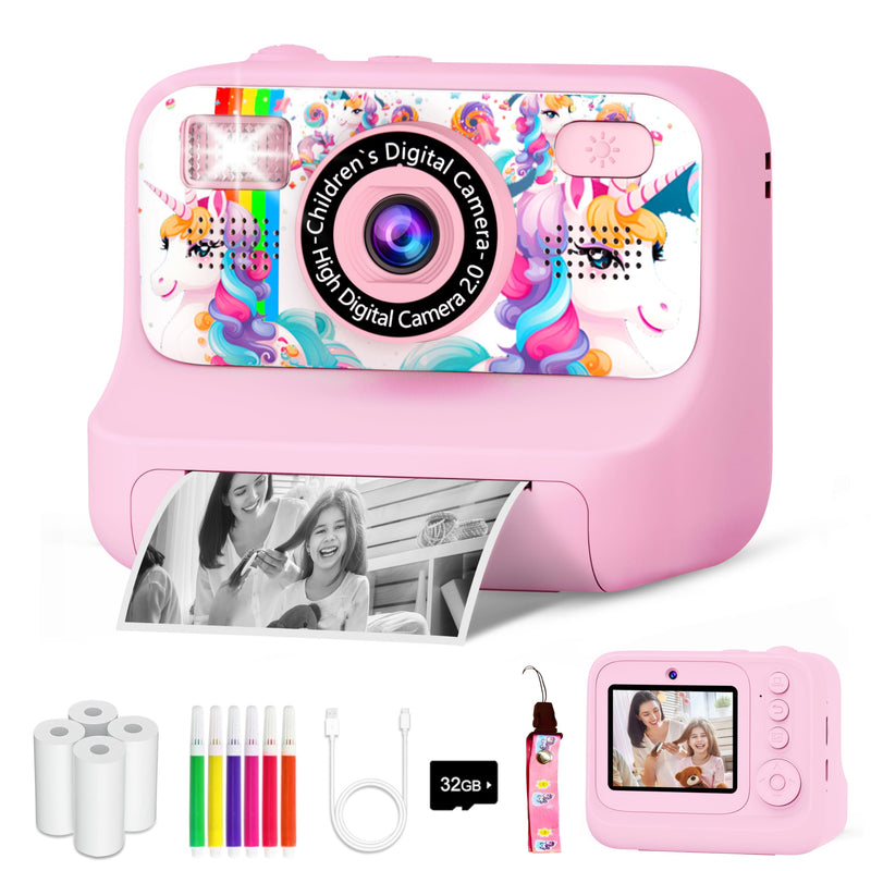 Kids Camera, Upgrade Kids Camera Instant Print, Front Rear Dual Selfie Digital CAM with 1080P Videos, Portable Travel Toy with Games and Music, Christmas Birthday Gift for Boys, Girls and Teens Pink