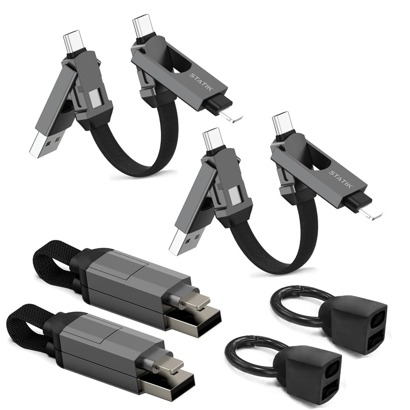 Statik HexCharge Keychain Charger Cable - Portable 4 in 1 Charging Cable Key Ring, 60W Fast Charging, Universal Multi Charging, Compatible with iPhone, USB C, and USB A - 2-Pack 2 Pack