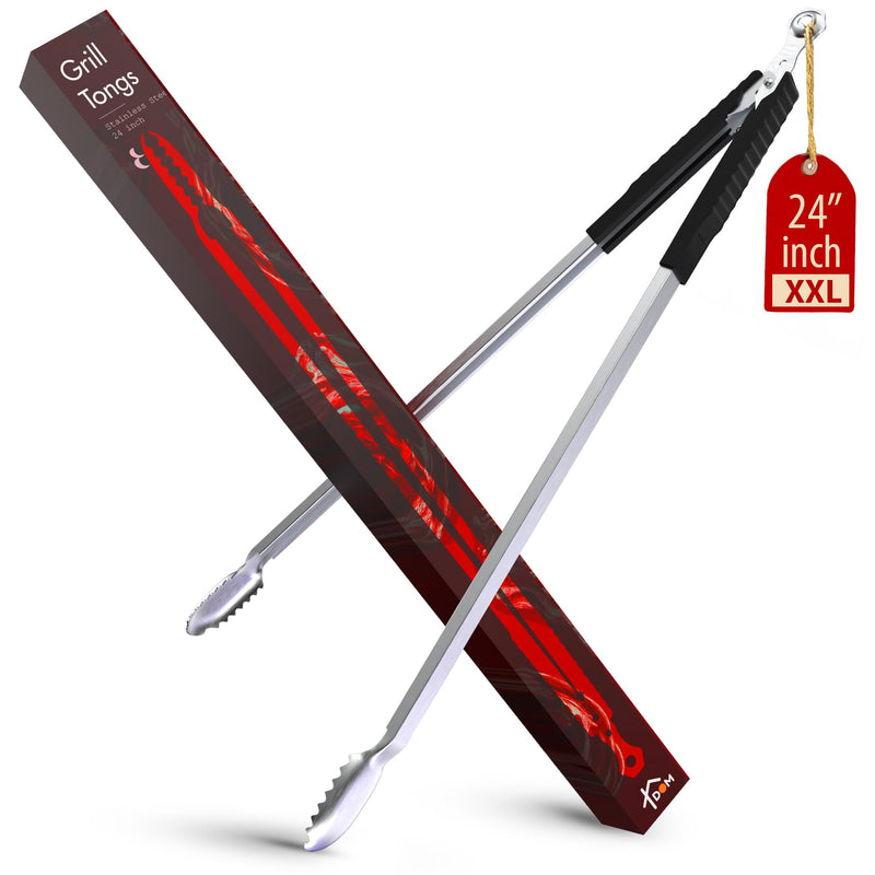 24 inch BBQ Tongs - 1 Year Warranty, 100% Stainless Steel Long Metal Grill Tongs for Outdoor Grill, Non Slip Handle, Locking Mechanism, Heat resistant, Pinzas de Cocina for steak, hot dog and more