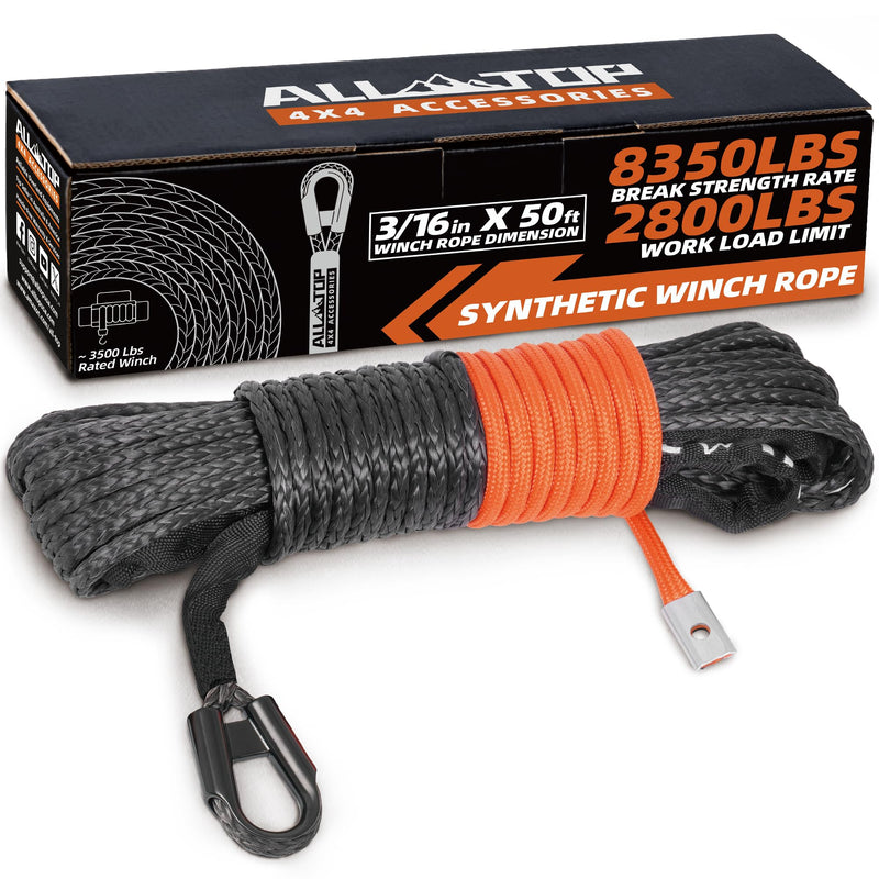 ALL-TOP Synthetic Winch Rope Cable, 3/16" x50ft, 8350LBS Winch Replace Line with Protective Sleeve for Offroad Vehicle ATV UTV 3/16in x 50ft, 8350Lbs BSR, for 3500Lbs winch Gray, Rope for ATV & UTV