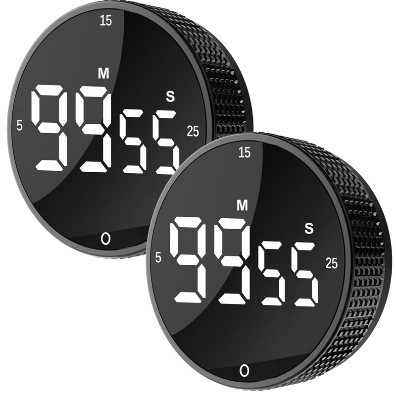 Upgrade Digital Kitchen Timer - 2 Pack Magnetic Countdown Countup Visual Pomodoro Timer with Large LED Display, 3-Preset Times, 3 Volume Levels, Ideal for Cooking, Baking and Fitness (2, Black)
