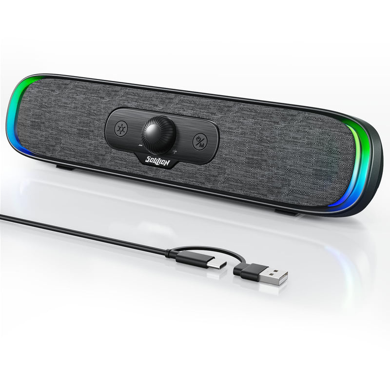 SOULION R200 Bluetooth Computer Speakers, Compact PC Speakers, USB C/USB Plug & Play Desktop Speaker with Colorful LED Lights, Clear Sound PC Soundbar for Computer Desktop Laptop Monitor