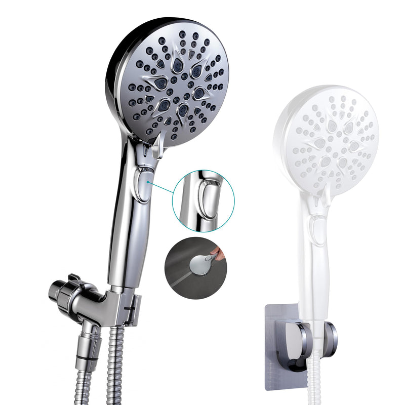 GwernKB Handheld Shower Head with on off Switch&Built-in Power Spray,7-Setting High Pressure Spray Shower Wand with 79in Long Hose&Bracket and Extra Adhesive Shower Holder for Lower Mount,Chrome Silver