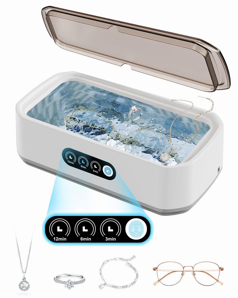 Ultrasonic Jewelry Cleaner – 3/6/12 Min Timer for Deep Cleaning Sparkle Wedding Rings, Eyeglasses,Watch Straps,Dentures, Sonic Jewelry Cleaner Machine for Family Use, Gift for Wife/Mom White