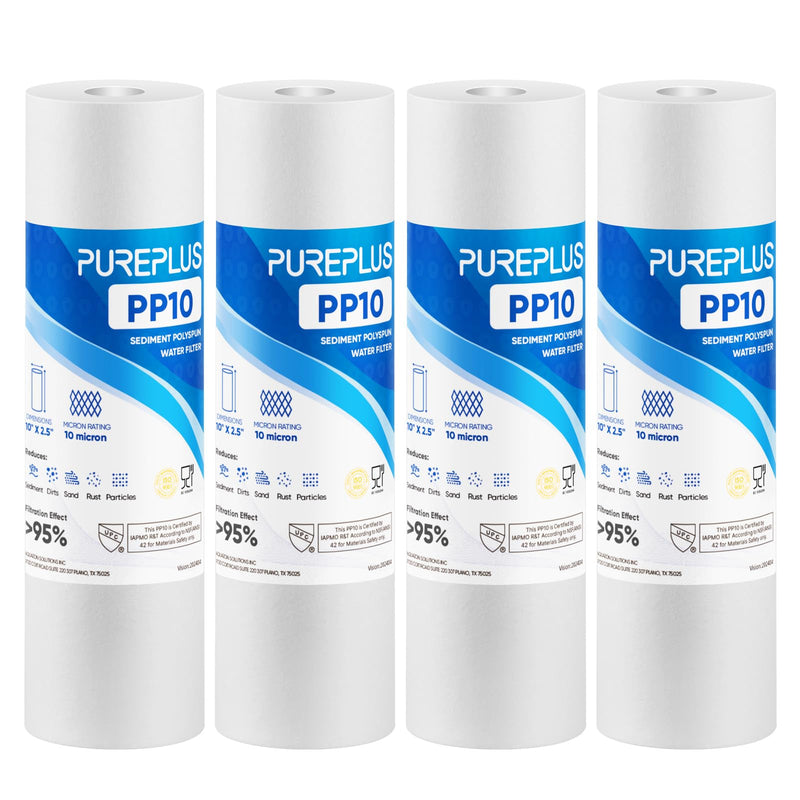 PUREPLUS 10 Micron 10" x 2.5" Whole House Sediment Home Water Filter Cartridge Replacement for Any 10 inch RO Unit, Culligan P5, Aqua-Pure AP110, Dupont WFPFC5002, CFS10, WHKF-G05, 4Pack 4 Count (Pack of 1)