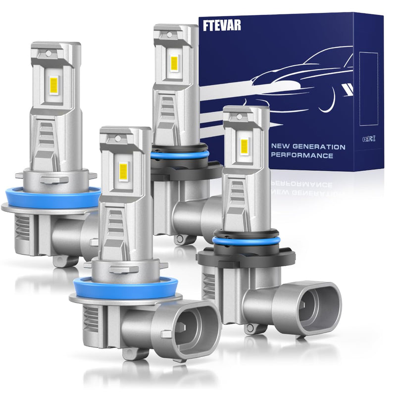 9005+H11 Light Bulbs Combo, 60000LM 800% Super Bright 6500K Cool White, Fanless 1:1 Mini Size, Pack of 4 9005+H11