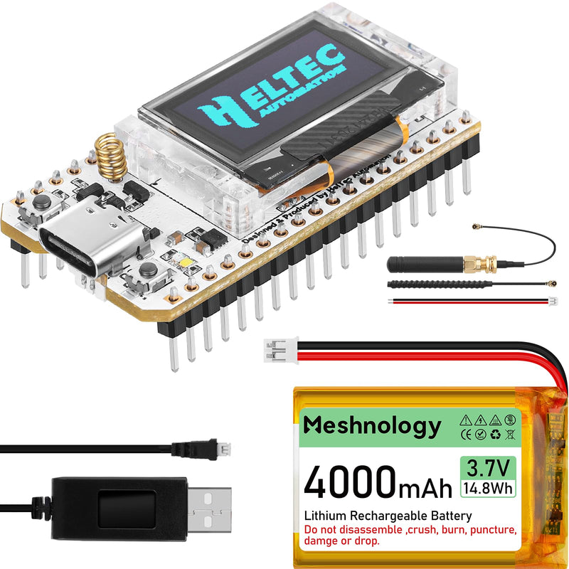 ESP32 LoRa V3 Development Board + 4000mAh Battery + USB Charger Cable Set - with 915MHz Antenna WiFi Bluetooth and SX1262 LoRa V3 Devices for Meshtastic Arduino LoRawan IOT Maker 1 Set (Board+4000mah battery+USB)