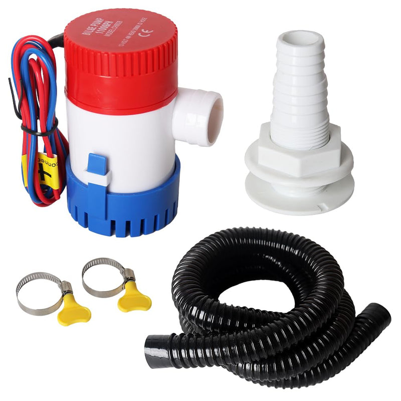 12v 1100GPH Boat Bilge Water Pump, 1-1/8 Inch Dia Boat Bilge Pump Hose Kit, 6.5 FT Kink-Free PVC Hose, 2 Stainless Steel Hose Clamps & ABS Thru-Hull Fitting, for Boats, Yachts and RVs Manual Bilge Pump+Hose Kit