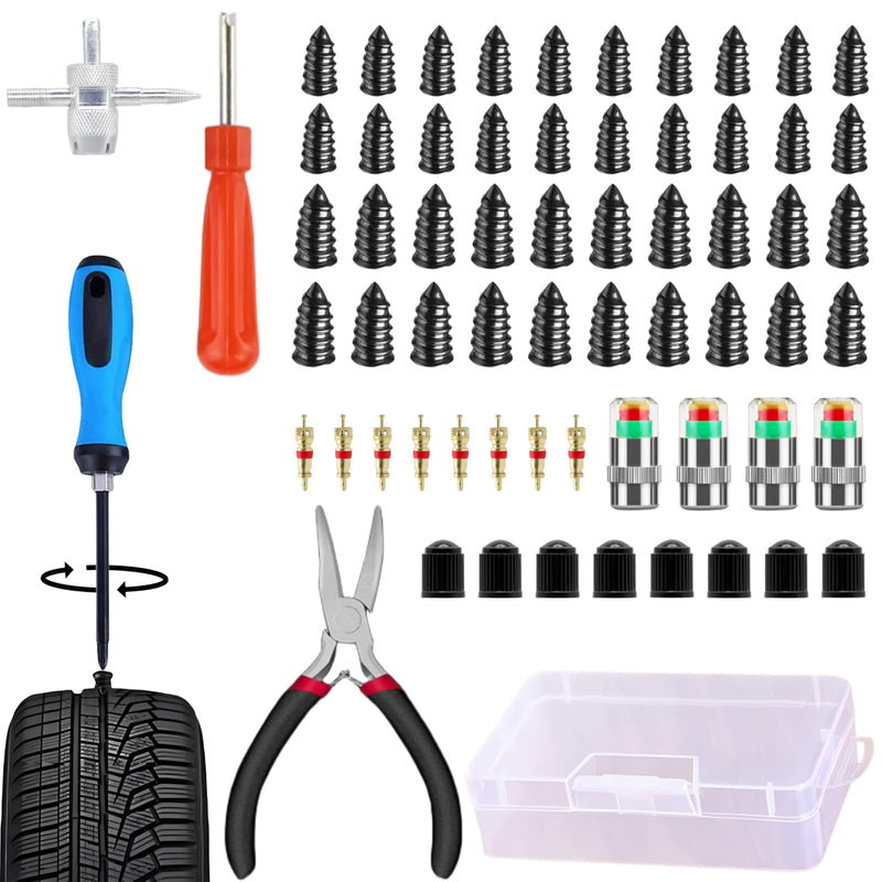 Tire Plug Kit 64 Pcs Tire Repair Rubber Nails Kit with 2 Sizes,Tire Caps with Pressure Gauge,Flat Tire Repair Kit for Car,Motorcycle,Truck,ATV,Tire Puncture Repair