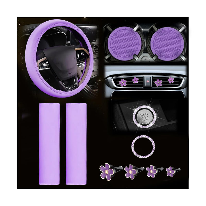 Car Accessories Set, 10PCS Vehicle Kit with Steering Wheel Cover Seatbelt Pad Cup Holder Mat Start Button Ring Sticker Flower Air Vent Clip, Universal Automotive Interior Ornament (Purple) Purple