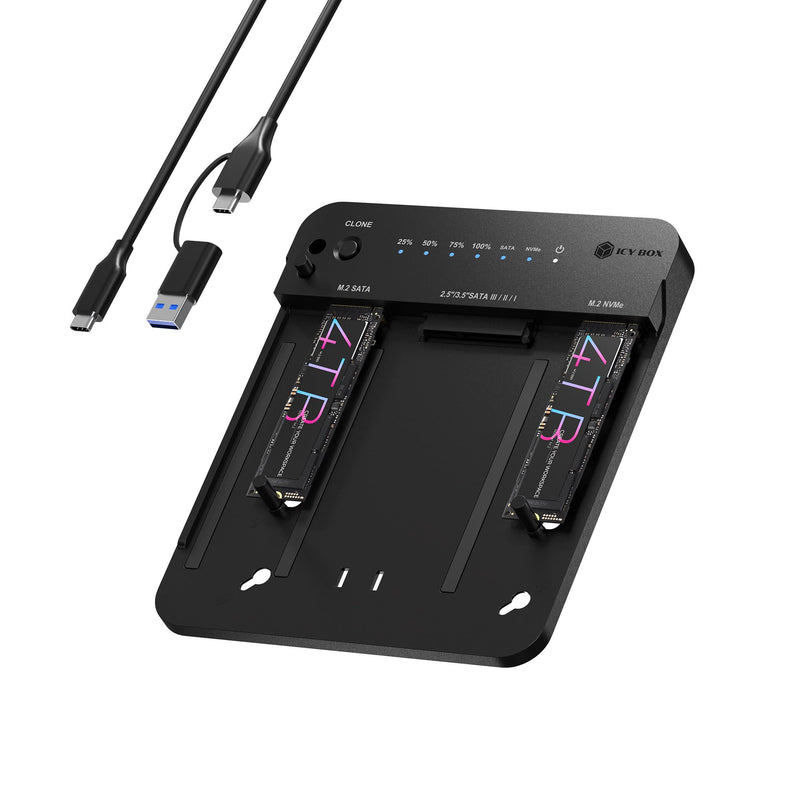 M.2 NVMe & SATA SSD/HDD Docking Station, ICY BOX USB-C 10 Gbps Dual Bay Hard Drive Clone Station & Reader (SATA 2.5/3.5 Inch & M.2 NVMe), Two-Way Cloning, Tool-Free External Adapter