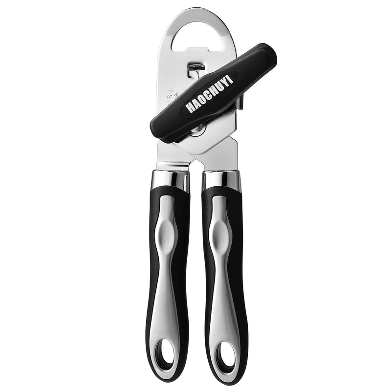 Classic Multifunction Can Opener and Bottle Opener Easy to Use, Razor Sharp Stainless Steel Cutting Wheel, Soft Ergonomic Handles, Black ﻿