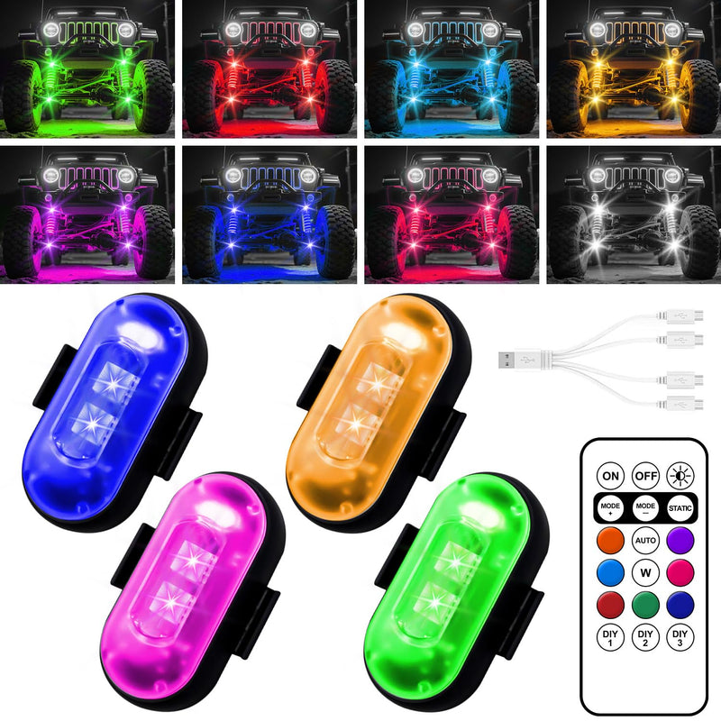 Wireless LED Lights for Car, Wireless Rock Lights with 8 Colors 10 Modes,Led Strobe Warning Light, Motorcycles, Boats, Camping, Bikes, Drones，Design in USA (4pcs Black) 4pcs
