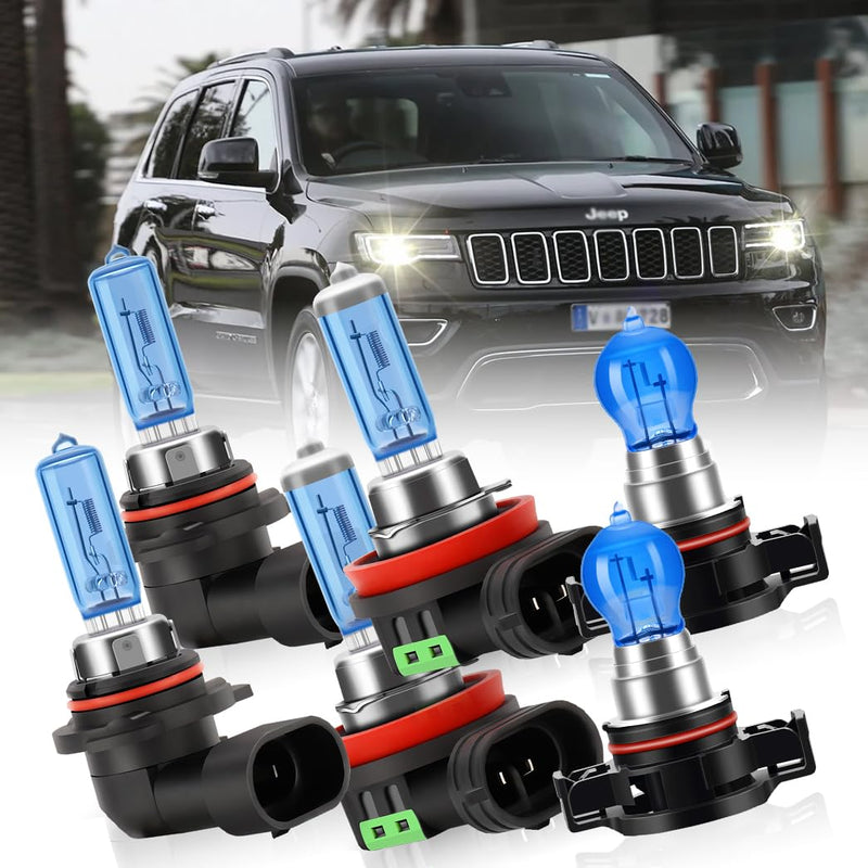Halogen Headlights fit for Jeep Grand Cherokee 2011-2016, 6000K 100W Headlight Bulbs Replacement,9005/HB3/H10 High Beam & H11 Low Beam & 5202 Fog Light Bulbs Combo,Pack of 6