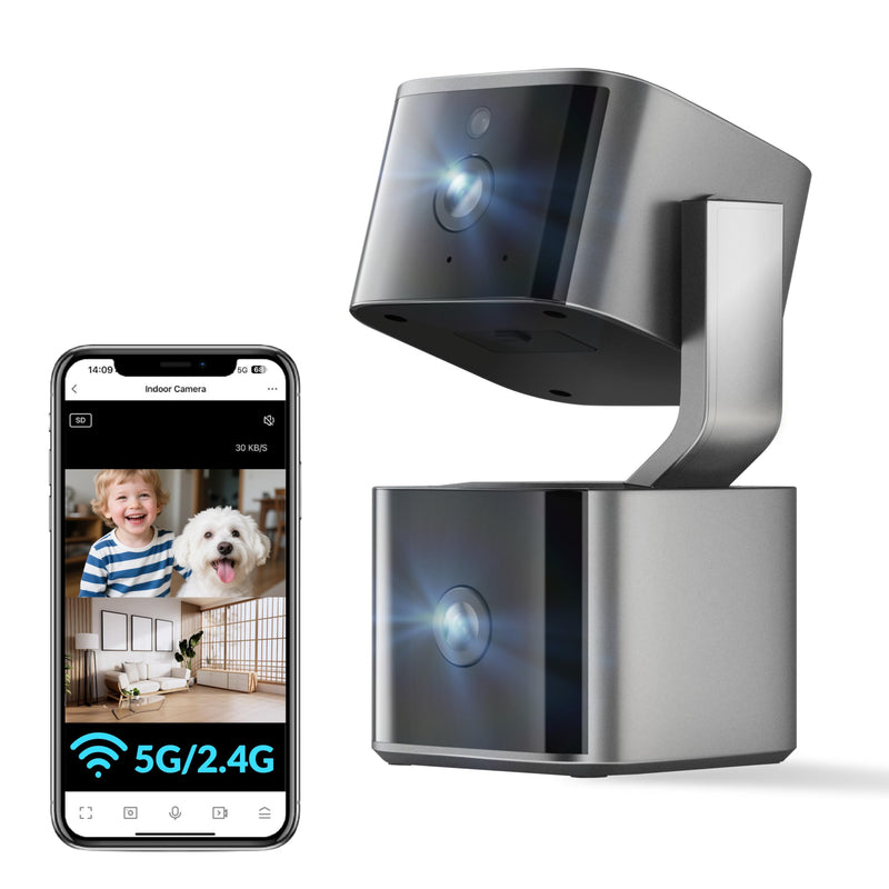 Dual Lens Security Camera Indoor 5G/2.4G WiFi, 2.5K Pet Camera with Pan Tilt for Home, Baby Monitor, AI Tracking, Color Night Vision, 2-Way Talk, No Dead Zone, 355° View, Alexa/Google