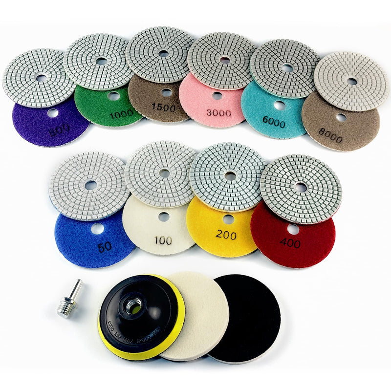 4 Inch Diamond Polishing Pads, 14 PCS 50-8000 Grit Wet/Dry Granite Stone Polish Pad Kit with 5/8’’-11 Backer Pad, Drill Adapter and Wool Disc 4 Inch