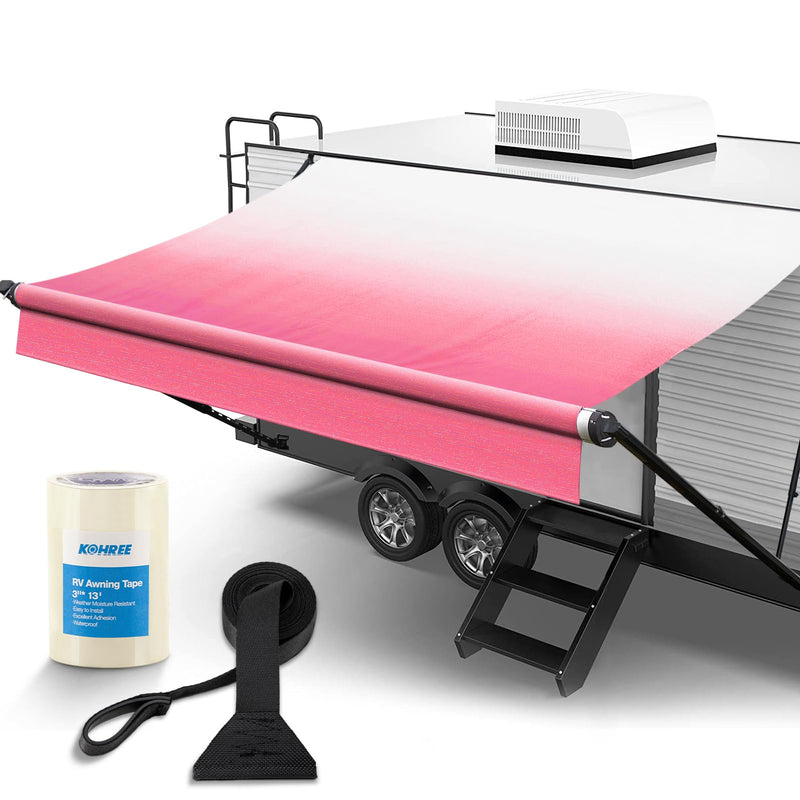 Kohree 16' Rv Awning Fabric Replacement, 19oz Weatherproof Heavy Duty Anti-Fading Awning Replacement with Pull Strap, Outdoor Canopy for Camper, Trailer, Motorhome, Pink Fade, (Fabric 15'2")