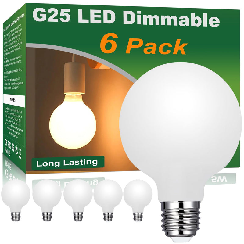 Vinaco Glass LED G25 Globe Light Bulbs 60W Equivalent, G25 Dimmable 2700K Warm White Round Frosted Vanity Light Bulb for Bathroom Mirror and Chandelier, 6 Pack Milky Frosted G 25 E26 Bulb with 450LM E26 Base（Pack of 6） 2700k Matt White Glass