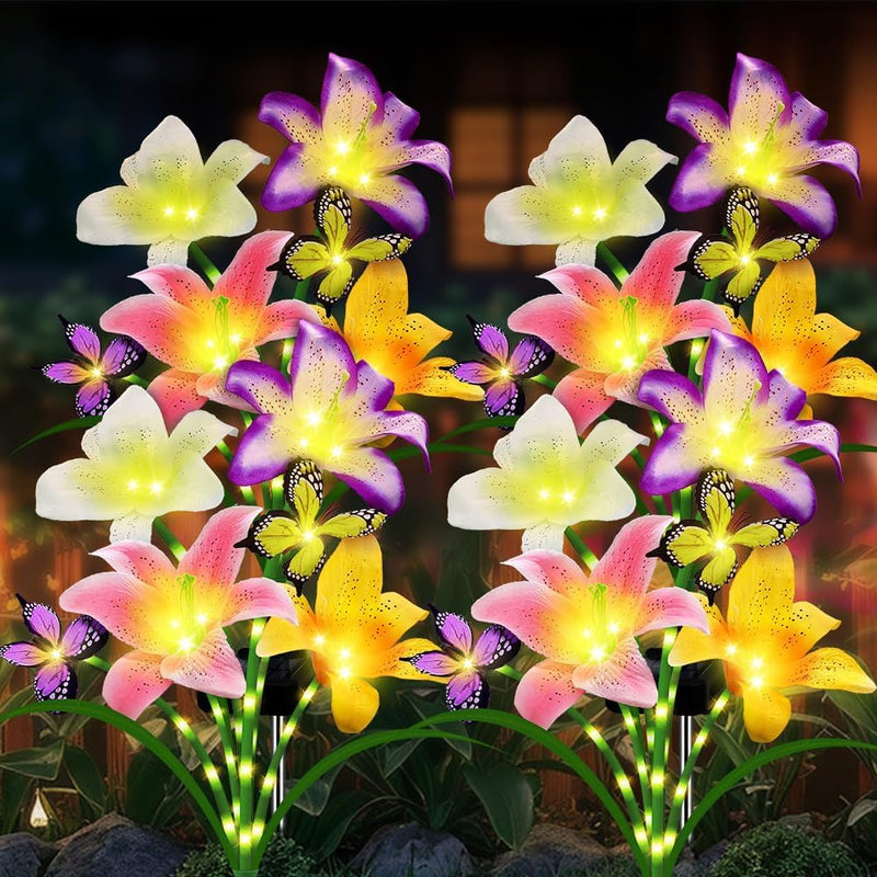 Solar Garden Lights 4 Pack LEDs Solar Lilies Flower Lights, Yard Patio Pathway Decoration High Flexibility Copper Wire Handmade Silk Artificial Flowers Never Wither, Gift for Family Friends