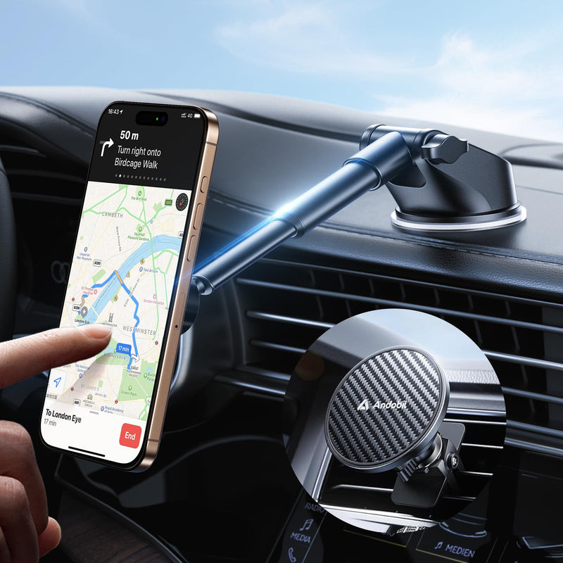 【Military-Grade】andobil 3 in1 Magnetic Phone Holder for Car Dashboard Windshield Vent 【Upgrade Suction & Strongest Magnet】Retractable for MagSafe Car Mount Mats for iPhone 17 16 15 14 Pro Max Sumsung dashboard-black