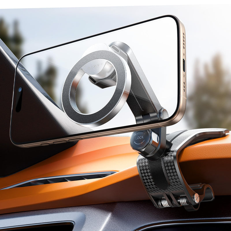 360 Degree Rotation Dashboard Car Phone Holder, Clip on Dashboard Cell Phone Holder for Driving Navigation, Magsafe Magnetic Car Mount for Rearview Mirror, MagSafe Dash Mount for iPhone 16 15 14 13 12 Sliver