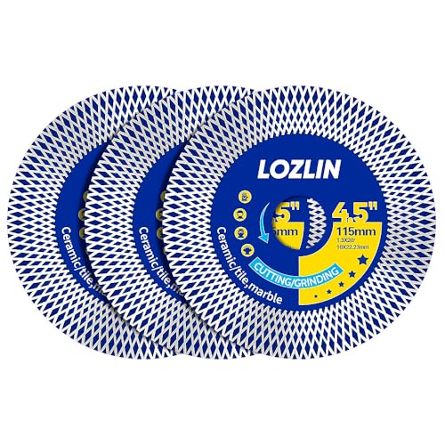 LOZLIN Diamond Blades 3-Pack 4.5" Diamond Angle Grinder Blade - Ultra-Thin Dry Cutting & Grinding Disc for Porcelain/Ceramic Tiles, Dual-Purpose Saw Blade