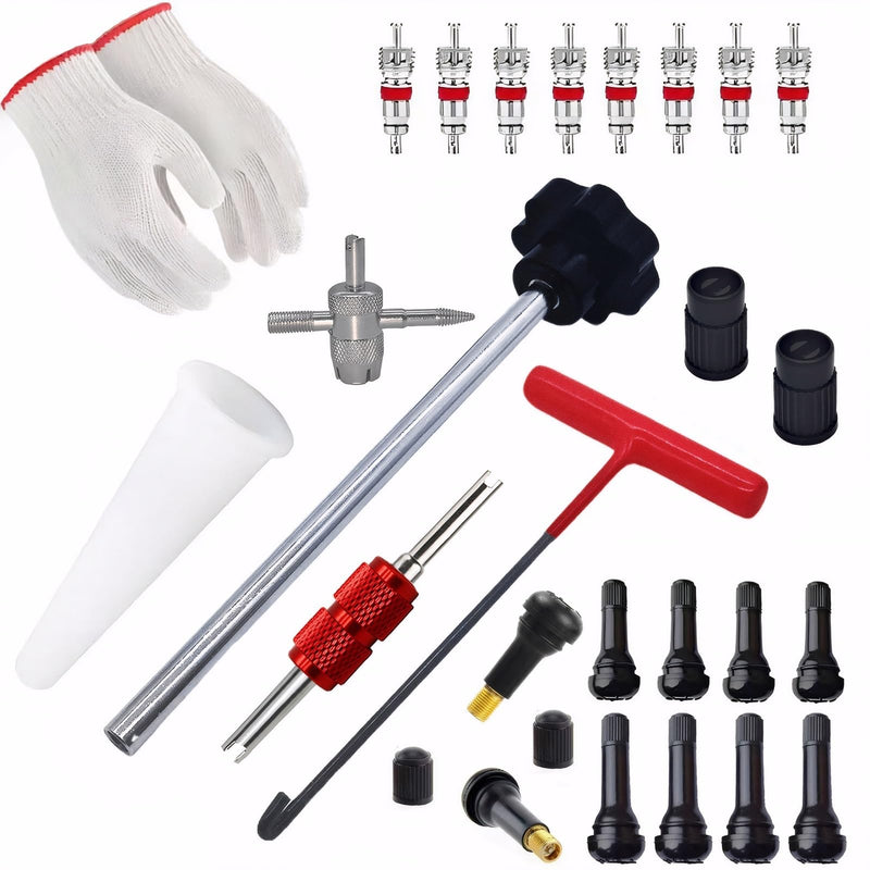 Valve Stem & Core Removal Replacement Tool Kit,Tire Valve Stem Installation Tool without Tire Removal, 2-in-1 Valve Stem Caps & Core Wrench,With 5 TR413/5 TR414, for Cars Motorcycles Lawn Mowers ATVs