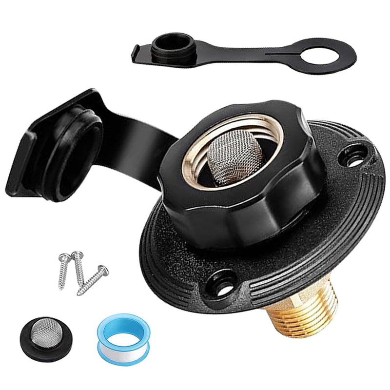 RV MURTS RV City Water Inlet with Brass Check Valve, 3/4" NH Female to 1/2" NPT Male Camper Fresh Water Fill Inlet Replacement, Lead-Free Water Connection with Dust Plug for Trailer Hose Connector.