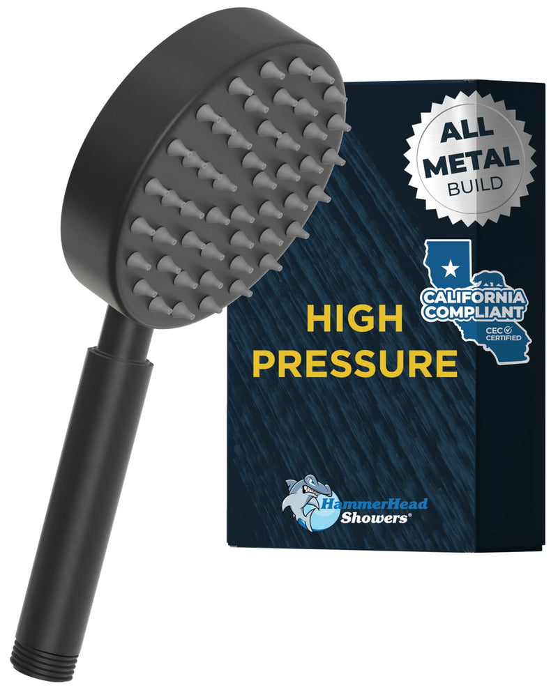 HammerHead Showers® Solid Metal Hand Held Shower Head - MATTE BLACK - 1.75 Low Flow Shower Heads 4 Inch Spray Wand | Made from 304 Stainless Steel with Silicone Nozzles 1.75 GPM