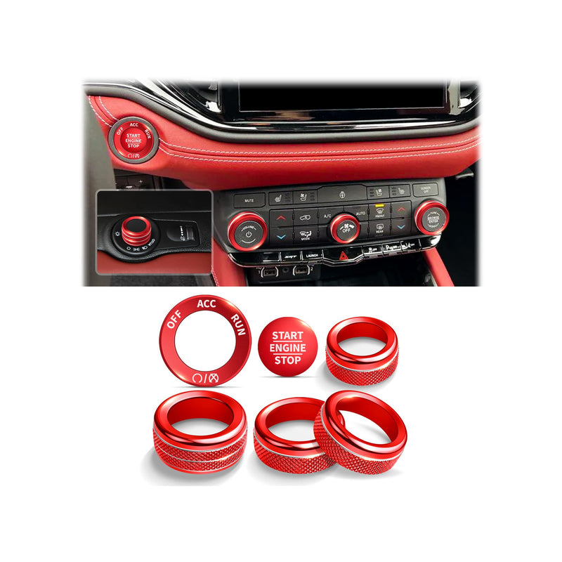 Interior Accessories for Dodge Durango 2021-2025, 6pcs Aluminum Alloy Trim Set - Push Start Button Cover/Ring, A/C, Volume Tune, Headlight Switch Knob Covers (Red) Red