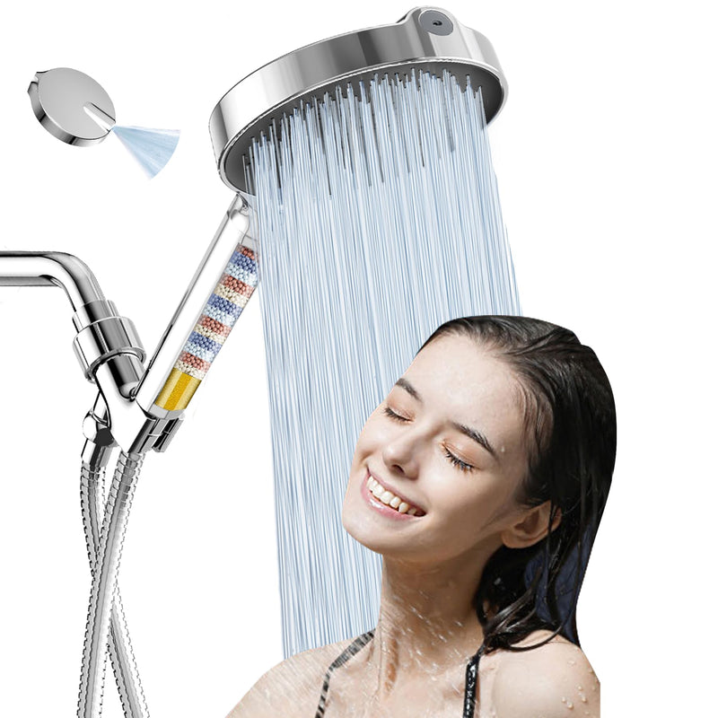 6“ Filtered Shower Head with Handheld, 6-Spray High Pressure Shower Head with Filter for Hard Water, Detachable Handheld Showerhead with Hose and Shower Arm Bracket, Chrome-Black Luxury Modern Chrome -Black