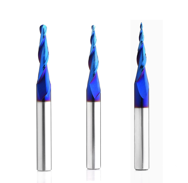 3PCS 1/8 1/16 1/32 inch Cutting Diameter Tapered Ball Nose End Mill Set Spiral CNC Router Bits Nano Coated Up Cut Solid Carbide 2D and 3D Carving 3.6 Deg 5.4Deg 6.2Deg with 1/4 Inch Shank T4660BC 1/8, 1/16 ,1/32 inch Cutting Diameter