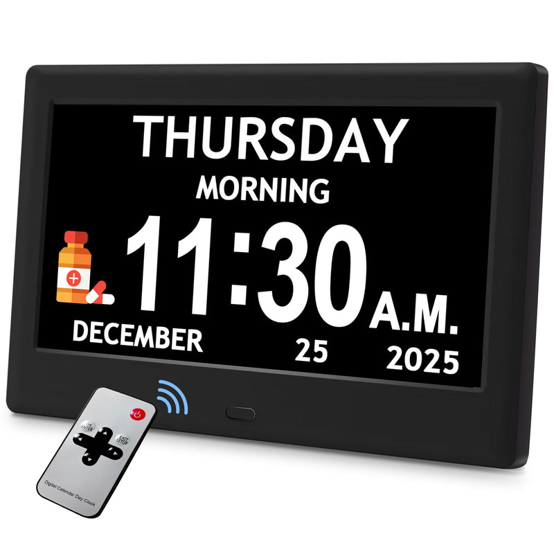 7'' Dementia Clock For Seniors, Large Display Digital Clock With Date, Time, Day Of Week for Elderly, Memory Loss, Alzheimer, 1024*600P HD, 10 Reminders & 6 Alarms, Auto Dimming & DST, Remote Control 7" Black