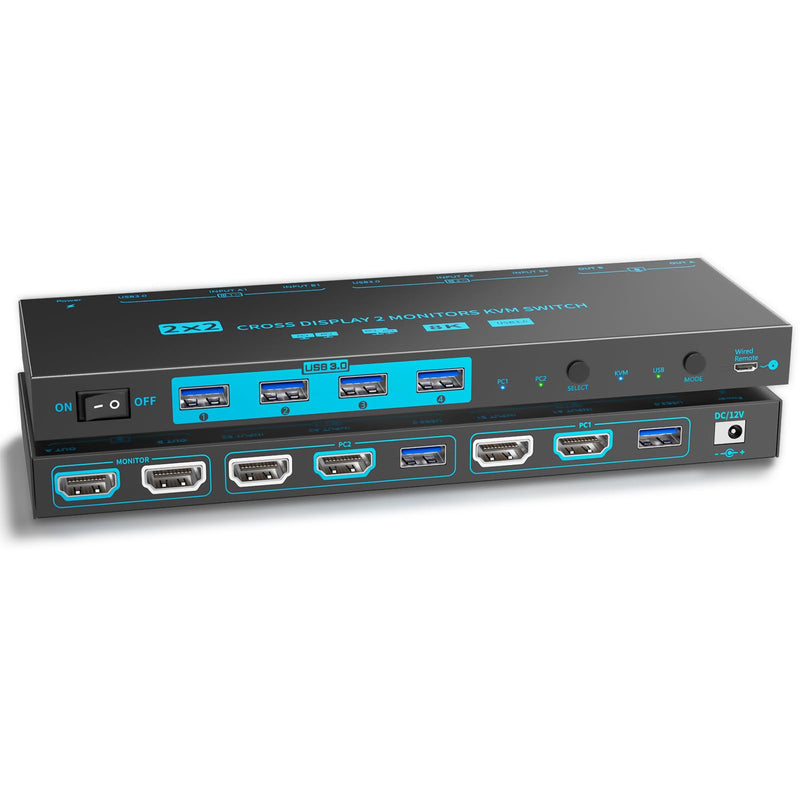 KVM/USB Dual Mode 8K Dual Monitor HDMI 2.1 KVM Switch 2 Monitors 2 Computers Cross Display 2 in 2 Out USB 3.0 KVM Support 8K@60Hz/4K@120Hz, with 2 HDMI Cables & 2 USB 3.0 Cables & Wired Remote Dual Mode 2 Monitors 2 PC