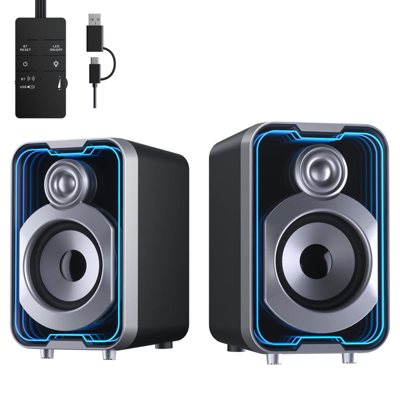 SOULION 2.0 Computer Speakers, 10W USB-Powered Bluetooth Wired PC Speakers with Easy-Control Pod for Desktop, Tiny Desk Soundbar with 5 Mirror-Like LED Light Modes for Monitor Laptop - Black Modern