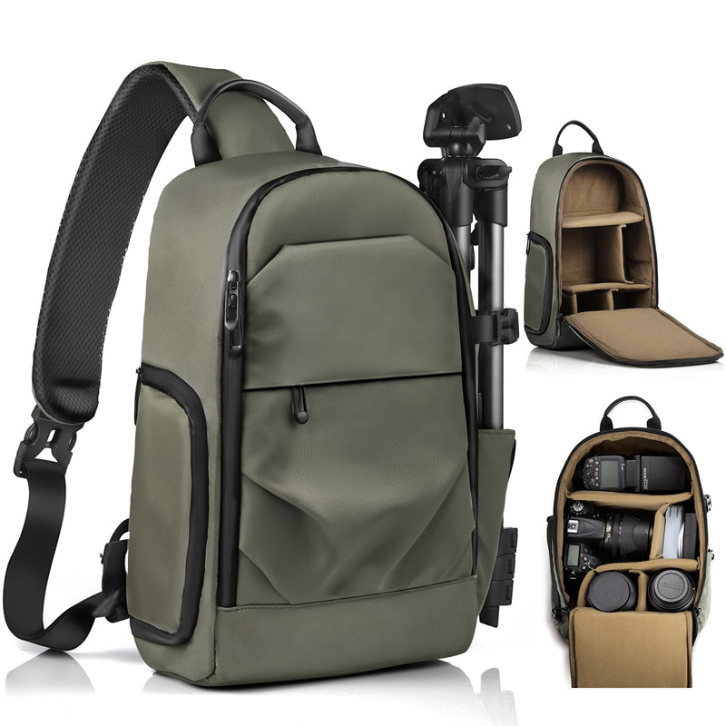 TAAOKA Camera Sling Bag, DSLR/SLR/Mirrorless Camera Backpack Case Shockproof Photography Backpack with Tripod Holder & Removable Modular Inserts Compatible with Canon/Nikon/Sony/Fuji Green Medium 9.06 x 5.12 x 15.16 inches