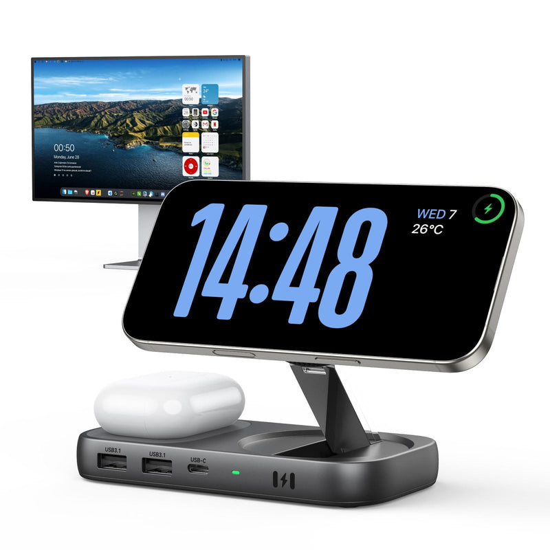 Selore USB C Hub with Wireless Charging for MacBook: 4K@60Hz HDMI, 100W PD, 15W Qi2 + 5W Wireless, 10Gbps Ports, iPhone Mirroring Docking Station & Magsafe Stand, Space-Saving Desk Organizer(Black) Black