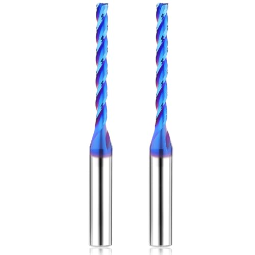 CNC Router Bits 1/8'' Cutting Dia 1/4 inch Shank Upcut Spiral Router Bit, 2PCS 3-Flutes Extra Long Carbide End Mills with Coating for Wood PVC Engraving 1-1/4'' Cutting Length Spiral Router Bits 2