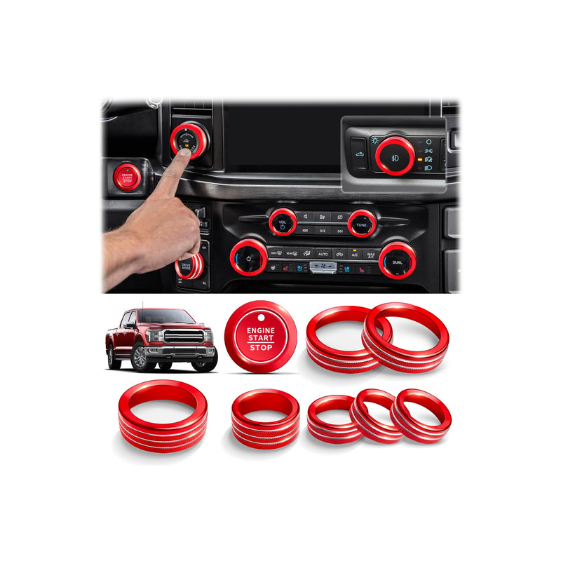 for Ford F150 Accessories 2021-2025 & Super Duty F250 F350 F450 2023-2025, 9pcs Aluminum Alloy Knob Cover Trim Set - Push Start, A/C, Vol Tune, Headlight, Pro Trailer & Drive Mode (Red) Red