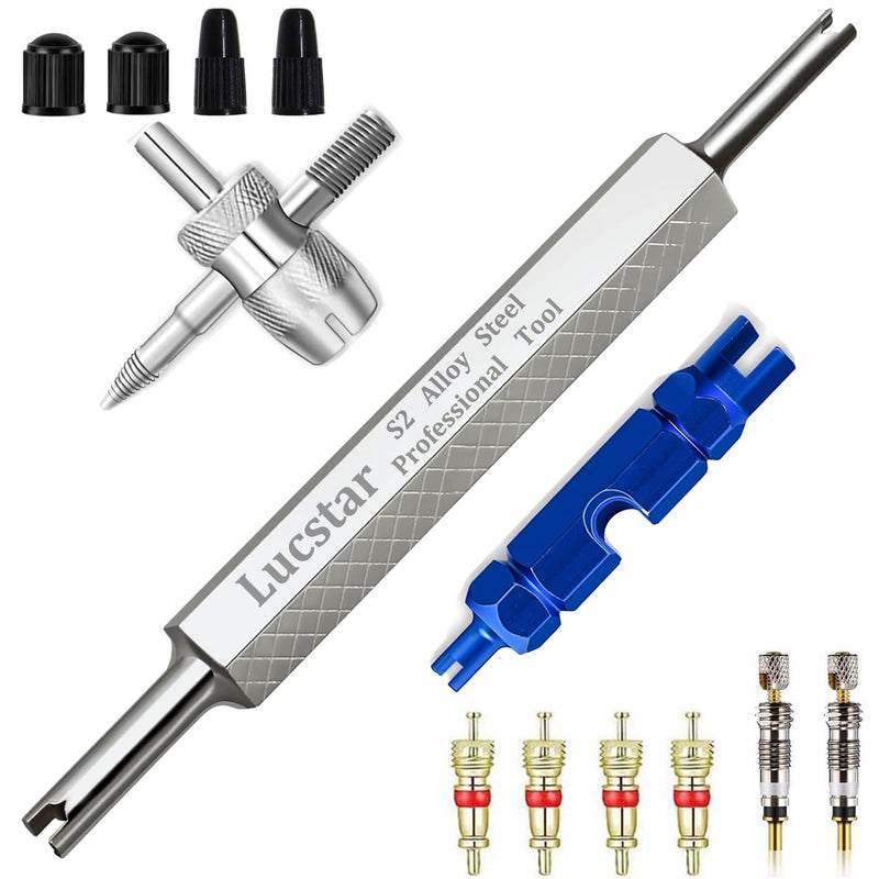 Lucstar Tire Valve Stem Removal Tool Kit, R134A R12 A/C Schrader Valve Stem Core Remover Tool for Car Bicycle Tyre RV Truck, 4 Schrader/Presta Valve Caps, 6Pcs Valve Core, 3 Automotive Tools Wrench A-13