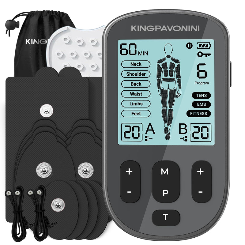 KingPavonini 3-in-1 TENS Unit Muscle Stimulator for Pain Relief Therapy, Dual Channel 36 Modes TENS Machine with 12 Pads, Rechargeable & Portable EMS Muscle Stimulator for Back, Shoulder, Neck Grey