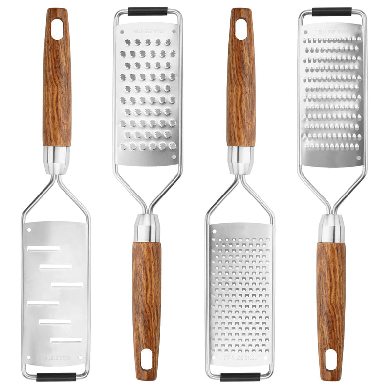 Professional Cheese Grater Stainless Steel,Multi-Purpose Grater With Wood Handle for Cheese, Ginger, Lemon, Garlic, Nutmeg,Fruits,Chocolate & Spices-Wideboard (4PCS) 4PCS