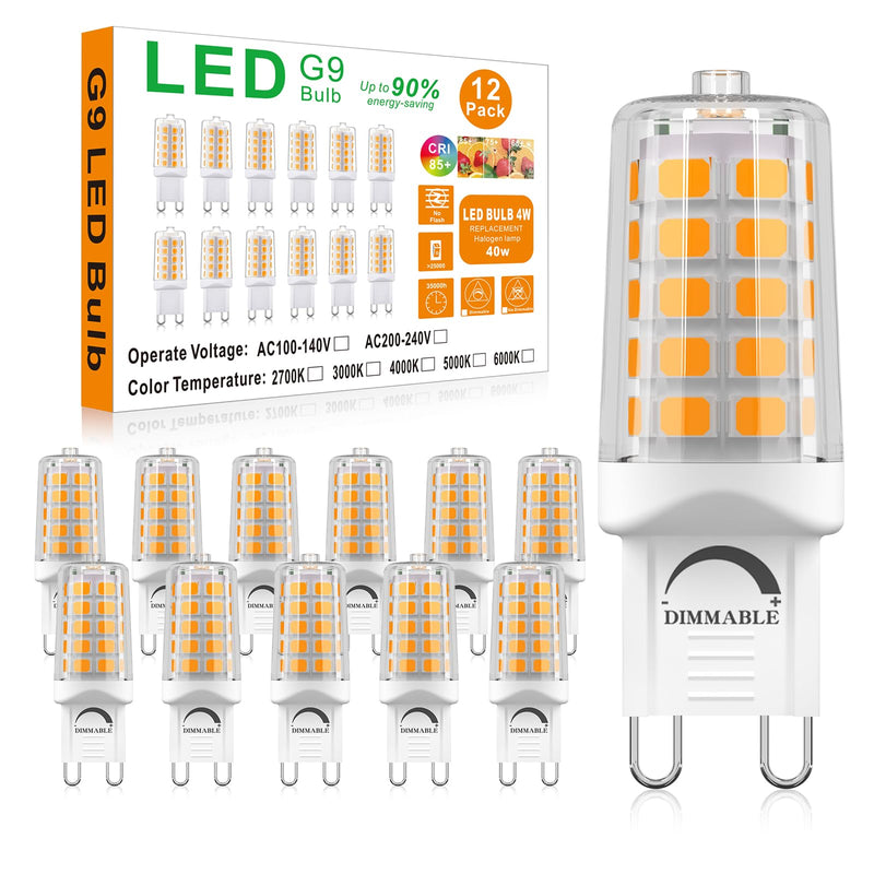 BAOMING G9 LED Bulb Dimmable 4W (40W Halogen Equivalent) T4-2700K Warm White, 120V No Flicker, 450LM, Ceramic Base - Perfect for Chandelier, Ceiling Fan, Cabinet - 12 Pack 2700k Soft Warm White 12 Count (Pack of 1)